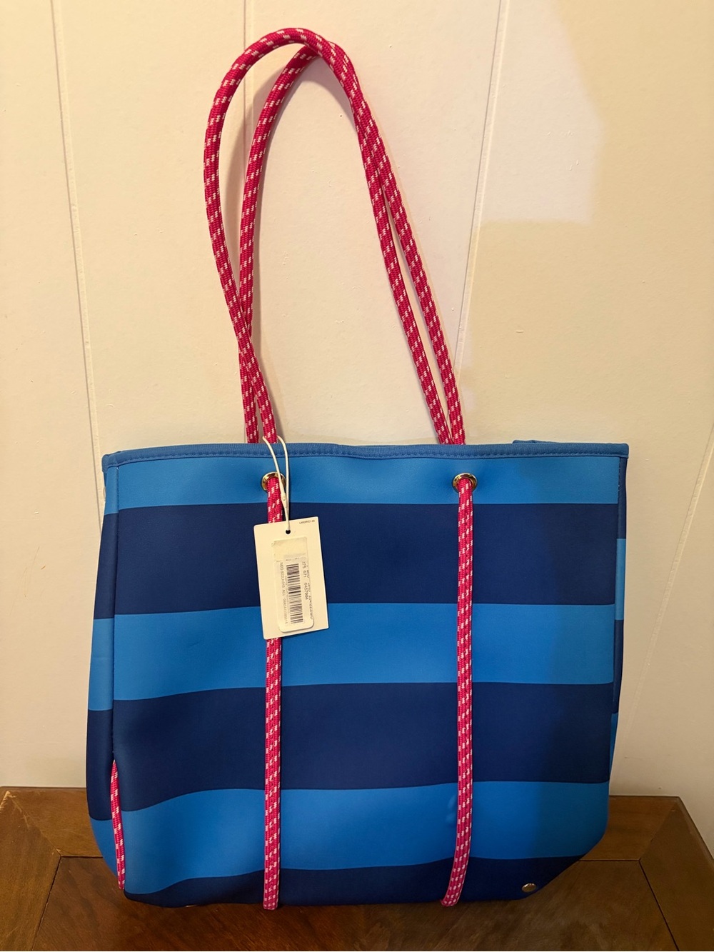 Kate Landry Blue Striped Tote with Pink Rope Handles